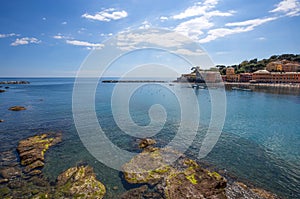 View of the `Baia del Silenzio` Bay of Silence in Sestri Levante, Ligurian coast, Genoa province, Italy