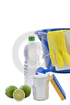 View of baking soda with ,blue, bucket, mop, gloves, lemon, vinegar, natural mix,for effective house cleaning,on wooden