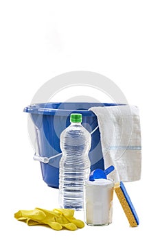 View of baking soda with ,blue, bucket, mop, gloves, lemon, vinegar, glove, natural mix,for effective house cleaning,on