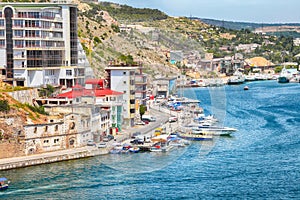 View of Balaklava bay with yachts from the Genoese fortress Chembalo in Sevastopol city