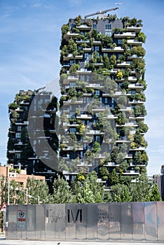 View of the balconies and terraces of Bosco Verticale, full of green plants. Milan. Italy. BAM