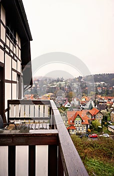 View from the balcony of a historic half-timbered house to the Wernigerode town. Saxony-Anhalt, Germany