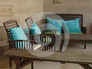 View of a balcony interior on an open terrace of a summer house room