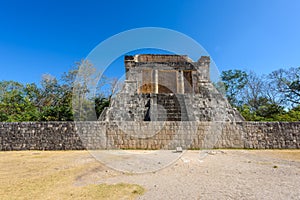 View of the ballcourt at Chichen Itza, old historic ruins in Yucatan, Mexico