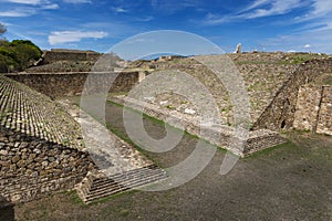 View of the ballgame court at the Monte AlbÃÂ¡n pyramid complex in Oaxaca photo