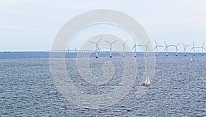 View of Baltic Sea wind park and Ã˜resund Bridge