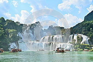 View of Ban Gioc Waterfall or Detian Waterfall on Sunny Day