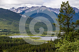 view on Banff town from the top of the Snow peak mountain. Panoramic view. Blue water Bow river, houses, forests