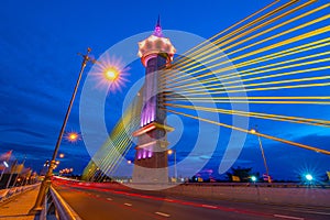 View of Bangkok skyline and beautiful bridge panorama at Chao Phraya River Bangkok Thailand at sunset. Maha Chesadabodindranusorn