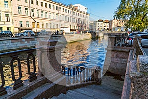 View of the Bank bridge with griffins across the Griboyedov canal, Saint Petersburg, Russia.