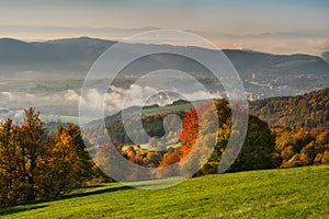 View of Banska Bystrica town from Selciansky diel during autumn