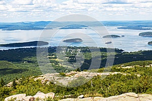 View of Bar Harbor and frenchman bay from the top of Cadillac Mountain