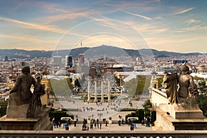 View of Barcelona, Spain. Plaza de Espana at evening with sunset