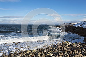 View of the Barents sea on a Sunny winter day, Murmansk region,