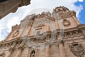 View at the baroque iconic facade at the La ClerecÃ­a building, Pontifical university at Salamanca