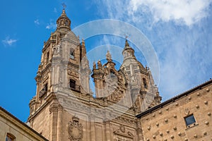 View at the baroque iconic facade at the La ClerecÃ­a building, Pontifical university at Salamanca, Universidad Pontificia de