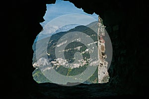 View through a barred window of an old castle