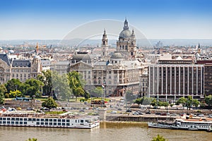 view of the Basilica of St Stephen and the Szechenyi chain bridge across the Danube in Budapest, Hungary