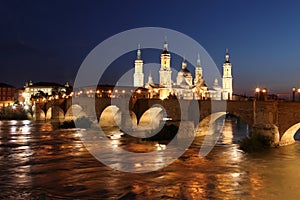 View of the basilica of the Virgen del Pilar and Ebro river, on