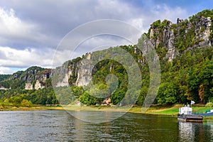 View from the bastei viewpoint of the Elbe river and the Rathen town in beautiful landscape scenery, Sandstone mountains, Saxon