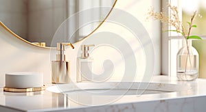 view of a bathroom sink, mirror and two toiletries, placed on a marble countertop