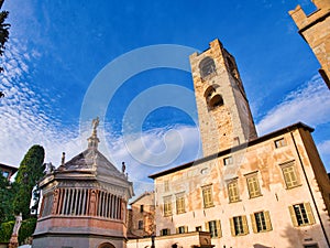 View of the Battistero and campanone tower from the square of Father Reginaldo Giuliani of Citta Alta de Bergamo