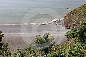 A view of the bay at Bossington in Somerset taken from high up at Hurlstone point