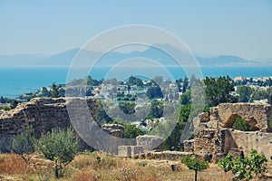 View of the Bay and Punic port of Carthage from the archaeological Park. Gulf of Tunisia - a large bay of the Mediterranean sea