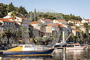 Bay with yachts, palm trees and houses on the island of Korcula, Croatia