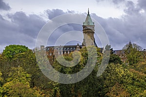 View of BCEE or Luxemburgish Spuerkeess Clock Tower in the UNESCO World Heritage Site of Luxembourg old town