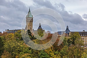 View of BCEE or Luxemburgish Spuerkeess Clock Tower in the UNESCO World Heritage Site of Luxembourg old town