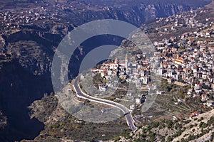 A view of Bcharre, a town in Lebanon high in the mountains on the edge of the Qadisha Gorge. Lebanon