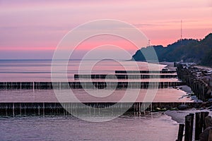 View on beach of Baltic sea in Svetlogorsk at sunrise. Kaliningrad region. Russia