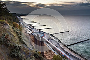 View on beach of Baltic sea in Svetlogorsk at sunset. Kaliningrad region. Russia