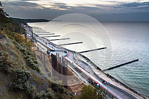 View on beach of Baltic sea in Svetlogorsk at sunset. Kaliningrad region. Russia