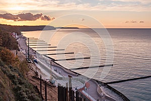 View on beach of Baltic sea in Svetlogorsk at sunset. Kaliningrad region. Russia