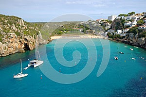 View on the beach Cala en Porter on Menorca Island