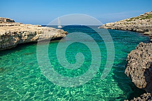 View on the beach Calo Roig on Menorca, Balearic Islands