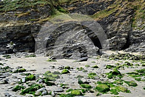 View of the beach caves at Portreath, Cornwall, England