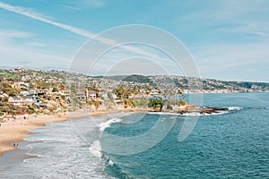 View of beach and cliffs at Crescent Bay, from Crescent Bay Point Park, in Laguna Beach, California