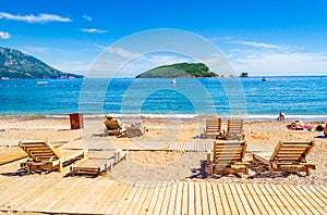 View of Beach Greco Budva town Adriatic Sea Montenegro