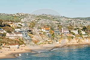 View of beach, houses and hills from Crescent Bay Point Park, in Laguna Beach, Orange County, California