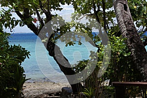 View of the beach of the island Beachcomber in Fiji from the inside