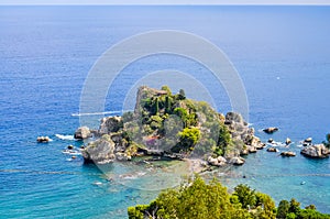 View of beach and island Isola Bella in Sicily