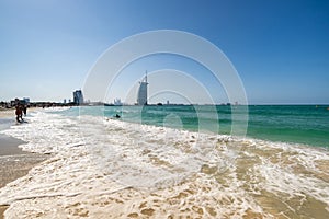 View from the beach Jumeira on famous Seven Star Hotel Burj Al Arab