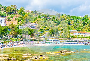 View of a beach near Isola Bella in Taormina, Sicily, Italy