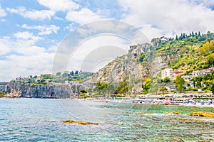 View of a beach near Isola Bella in Taormina, Sicily, Italy