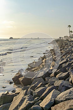 View of a beach at Oceanside in California with pier