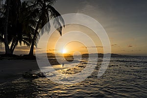 View of a beach with palm trees at sunset in Puerto Viejo de Talamanca, Costa Rica