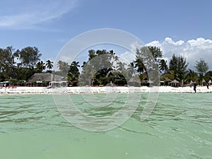 View on the beach with palms and white sand in Africa,island Zanzibar (Tanzania)